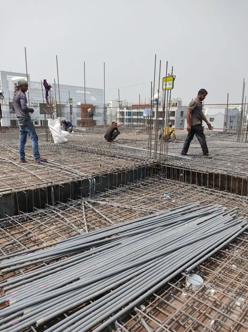 Steel reinforcement laid out for a concrete slab